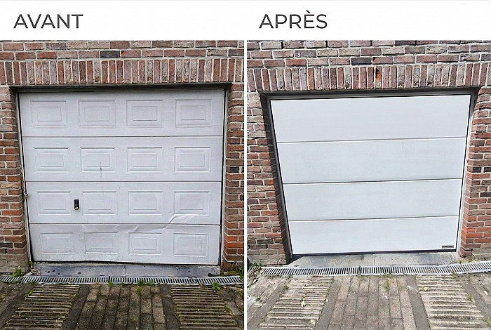 Avant après du remplacement d'une porte de garage à panneaux par une sectionnelle lisse