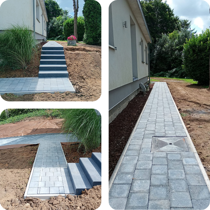 Aménagement extérieur, travaux, jardin, pavage, escaliers, ammée, abords, terrain
