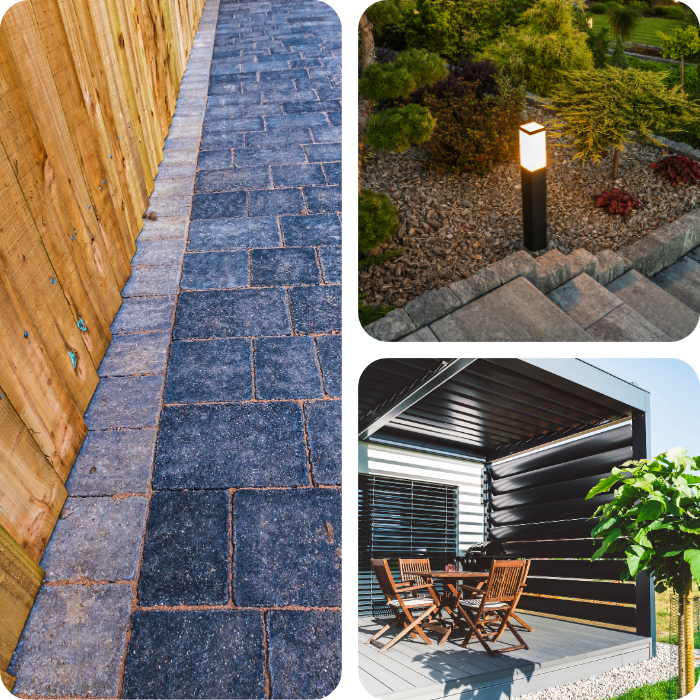 aménagement, jardin, extérieur, pavage, terrasse, carport