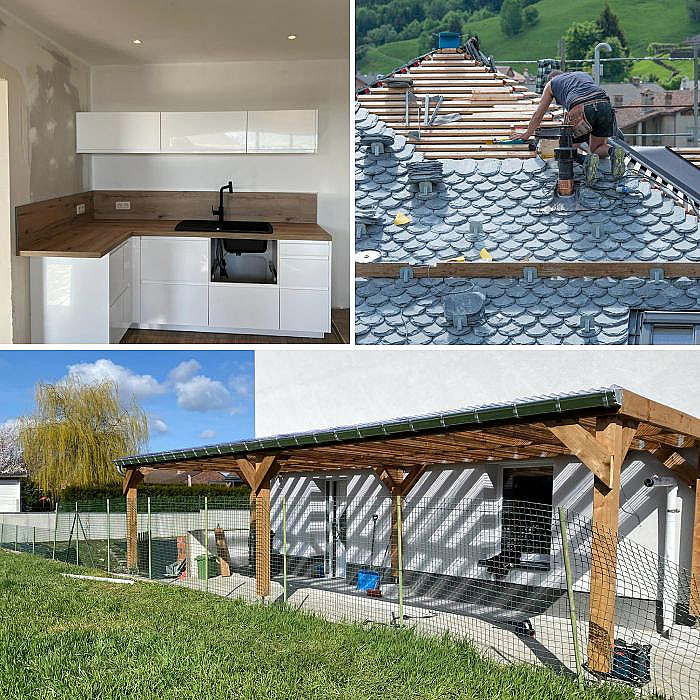 terrasse en bois, meubles sur mesure pour cuisine et salle de bain, dressing, carport, pergola, toitures plates, métalliques, en zinc, tuiles, en ardoises, zinguerie, étanchéité, isolation, gouttières, rénovation de toitures, installateur VELUX, châssis PVC et en Alu, porte de garage, porte coupe feu, double vitrage, moustiquaires, murs, sols et plafonds, canalisations, sanitaires