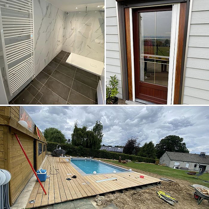 terrasse en bois, meubles sur mesure pour cuisine et salle de bain, dressing, carport, pergola, toitures plates, métalliques, en zinc, tuiles, en ardoises, zinguerie, étanchéité, isolation, gouttières, rénovation de toitures, installateur VELUX, châssis PVC et en Alu, porte de garage, porte coupe feu, double vitrage, moustiquaires, murs, sols et plafonds, canalisations, sanitaires