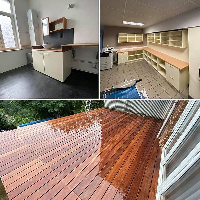 terrasse en bois, meubles sur mesure pour cuisine et salle de bain, dressing, carport, pergola