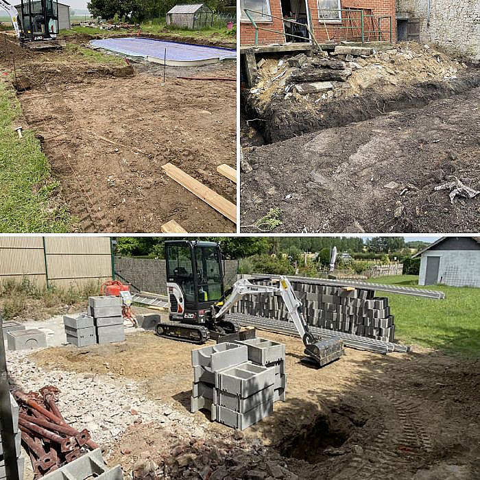 terrassement, travaux de maçonnerie, nivellement, pose de carrelage extérieur, pose de carrelage intérieur, dalle de sol en béton, béton, pavage, pierres naturelles