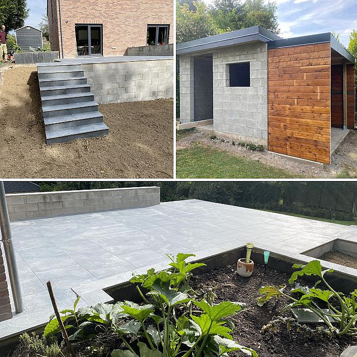 abris de jardin, allée et abords, clôtures, égouttage, fosse septique, pavage, pool house, terrasse, terrasse en bois