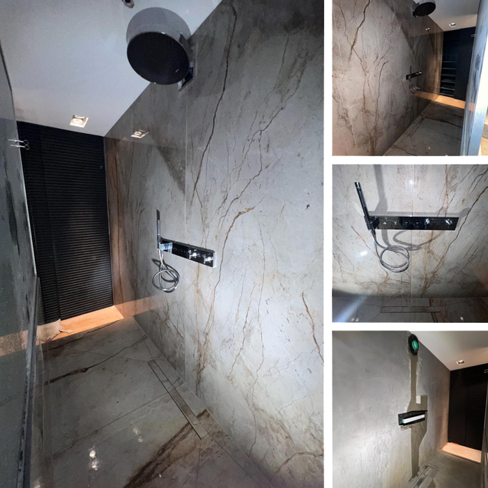 Nouvelle douche, douche sur mesure, carrelage, lavabos,toilettes